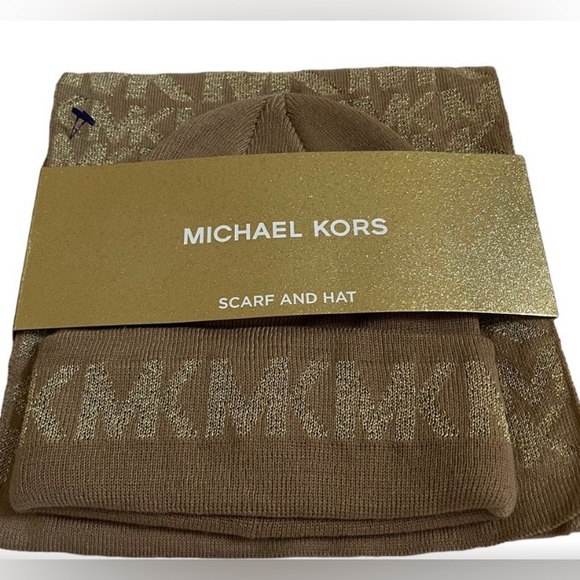 NWT Michael Kors hat and scarf set...tan & gold...In Box great gift!! main image 5